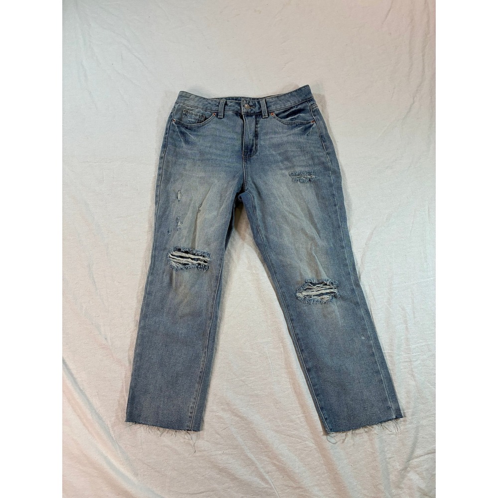 Time and Tru Women's Distressed Straight Leg Jeans Size 10 Blue Frayed Hem J99